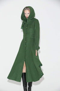 Green Coat, womens coat, wool coat, long coat, Long Fitted Hooded Single-Breasted Fully Lined Womens  Autumn Winter Outerwear  C683