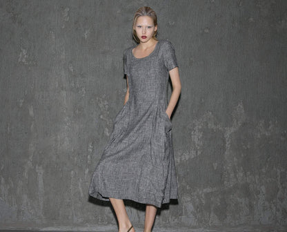 Gray Linen Dress - Long Short-Sleeved Casual Loose-Fitting Handmade Designer Dress with Pockets C647