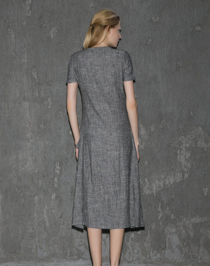 Gray Linen Dress - Long Short-Sleeved Casual Loose-Fitting Handmade Designer Dress with Pockets C647