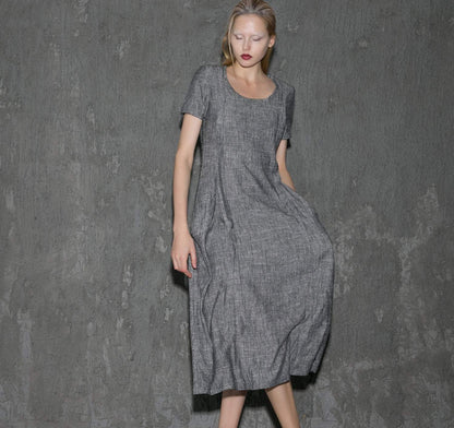 Gray Linen Dress - Long Short-Sleeved Casual Loose-Fitting Handmade Designer Dress with Pockets C647