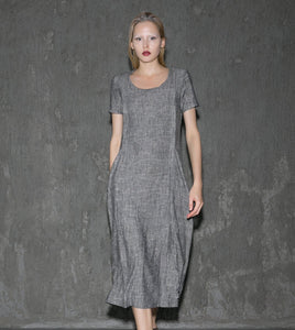 Gray Linen Dress - Long Short-Sleeved Casual Loose-Fitting Handmade Designer Dress with Pockets C647