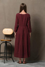 Load image into Gallery viewer, Burgundy Linen Dress - Semi-Fitted Long Maxi Plus Size Long-Sleeved Spring/Summer Woman&#39;s Dress with Round Scoop Neckline C606
