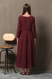 Burgundy Linen Dress - Semi-Fitted Long Maxi Plus Size Long-Sleeved Spring/Summer Woman's Dress with Round Scoop Neckline C606