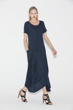 Load image into Gallery viewer, Navy blue linen dress - Casual Chic Summer Loose-Fitting Plus Size Comfortable Women&#39;s Dress (C688)
