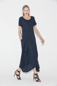 Navy blue linen dress - Casual Chic Summer Loose-Fitting Plus Size Comfortable Women's Dress (C688)
