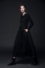 Load image into Gallery viewer, Black Linen Dress - Maxi Goth Style Long Sleeved Fit &amp; Flare with Tie Belt Women&#39;s Handmade Clothing C513
