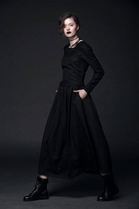 Black Linen Dress - Maxi Goth Style Long Sleeved Fit & Flare with Tie Belt Women's Handmade Clothing C513