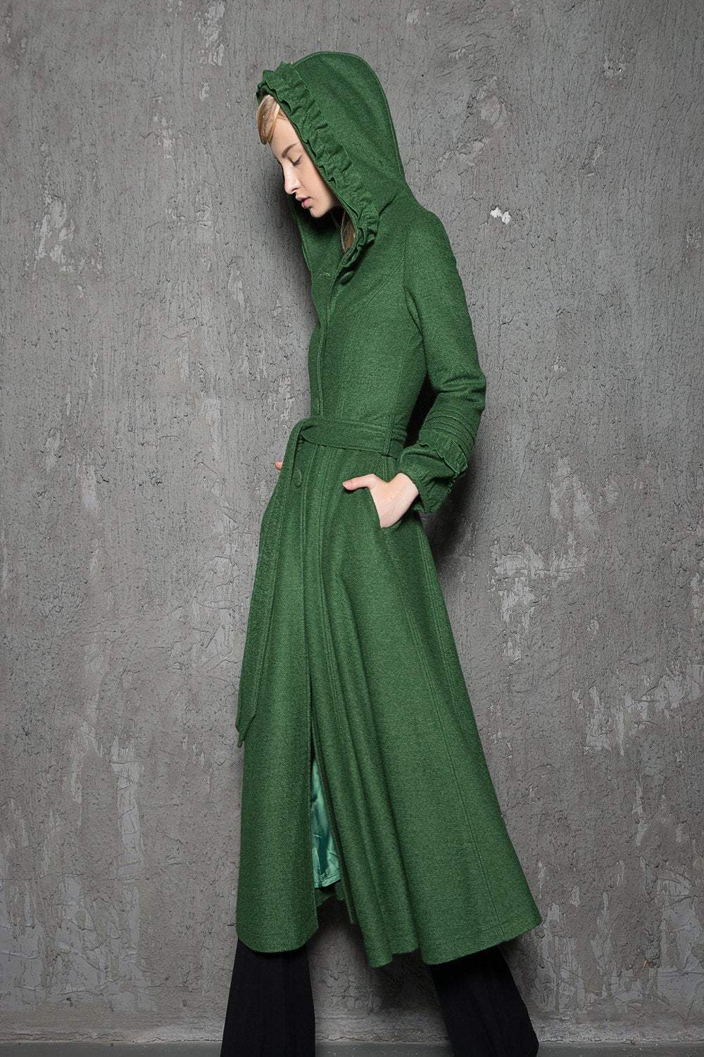Maxi coat, wool coat, Green wool coat, emerald green coat, fit and flare coat, womens coats, hooded coat, ruffle coat, winter coat C785