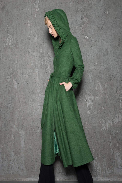 Maxi coat, wool coat, Green wool coat, emerald green coat, fit and flare coat, womens coats, hooded coat, ruffle coat, winter coat C785