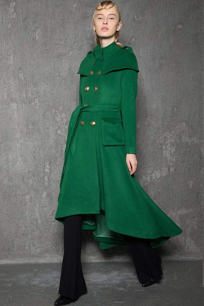 Green Long Coat, Emerald Capelet Coat, Designer Tailored Handmade Double-Breasted Asymmetrical Unique Woman's Coat, Winter Coat C714