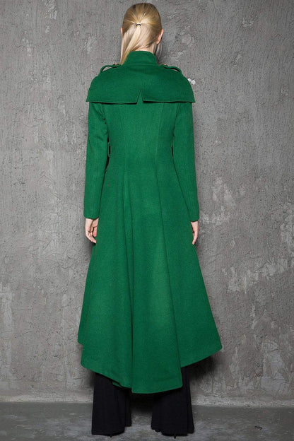 Green Long Coat, Emerald Capelet Coat, Designer Tailored Handmade Double-Breasted Asymmetrical Unique Woman's Coat, Winter Coat C714