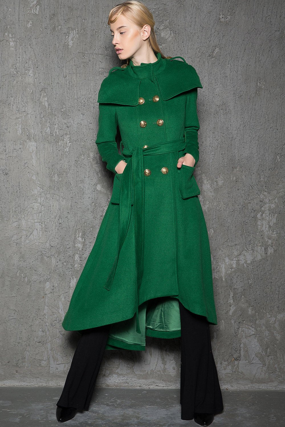 Green Long Coat, Emerald Capelet Coat, Designer Tailored Handmade Double-Breasted Asymmetrical Unique Woman's Coat, Winter Coat C714