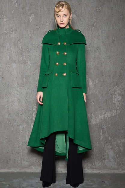 Green Long Coat, Emerald Capelet Coat, Designer Tailored Handmade Double-Breasted Asymmetrical Unique Woman's Coat, Winter Coat C714