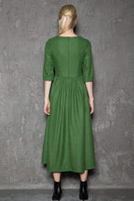 Load image into Gallery viewer, Simple Wool Dress - Emerald Green Elegant Feminine Minimal Contemporary Pleated Long Woman&#39;s Dress with Three-Quarter Sleeves C727
