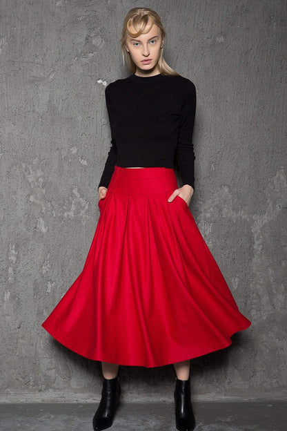 red wool skirt, winter wool skirt, 1950s skirt, wool skirts, winter skirt, midi skirt, vintage skirt with pockets C729