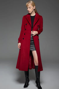 Classic Red Coat - Wool Long Full Length Fitted Slim Tailored Double-Breasted Woman's Coat with Black Buttons & Double Lapels C741