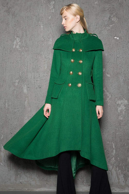 Green Long Coat, Emerald Capelet Coat, Designer Tailored Handmade Double-Breasted Asymmetrical Unique Woman's Coat, Winter Coat C714