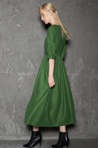 Simple Wool Dress - Emerald Green Elegant Feminine Minimal Contemporary Pleated Long Woman's Dress with Three-Quarter Sleeves C727