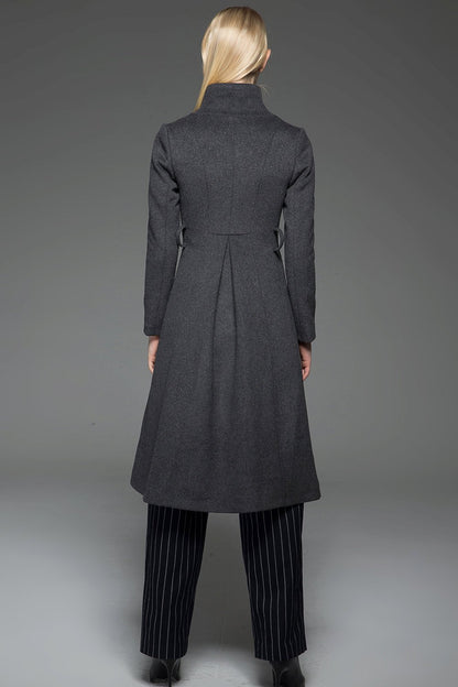 Gray Wool Coat with High Neck Collar, Pockets and Self-Tie Belt C758