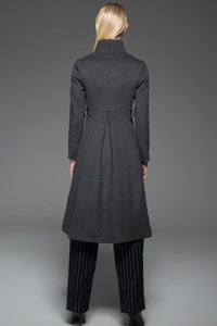Classic Gray Coat - Wool Smart Tailored Fitted Long Women's Coat with High Neck Collar, Pockets and Self-Tie Belt C758