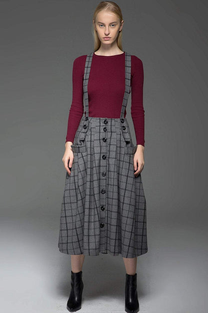 plaid skirt, Suspender skirt, wool plaid skirt, long skirt, buttons skirt, country style skirt, grey skirt, gray skirt, womens skirts C767
