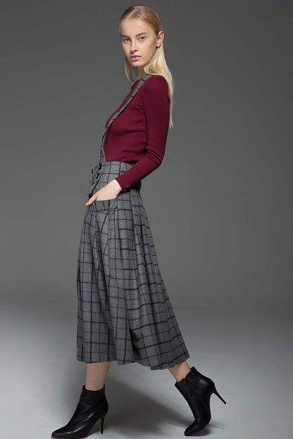 plaid skirt, Suspender skirt, wool plaid skirt, long skirt, buttons skirt, country style skirt, grey skirt, gray skirt, womens skirts C767