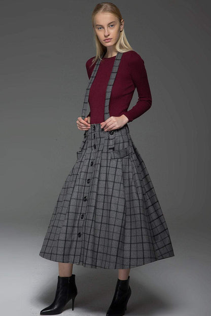 plaid skirt, Suspender skirt, wool plaid skirt, long skirt, buttons skirt, country style skirt, grey skirt, gray skirt, womens skirts C767