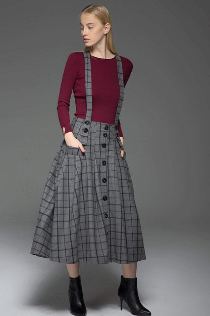 plaid skirt, Suspender skirt, wool plaid skirt, long skirt, buttons skirt, country style skirt, grey skirt, gray skirt, womens skirts C767