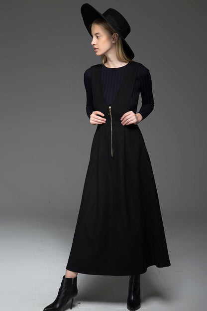Black wool dress, Black pinafore dress, midi dress pockets, winter dress, womens long dress, zipper dress, pleated dress , custom dress C776