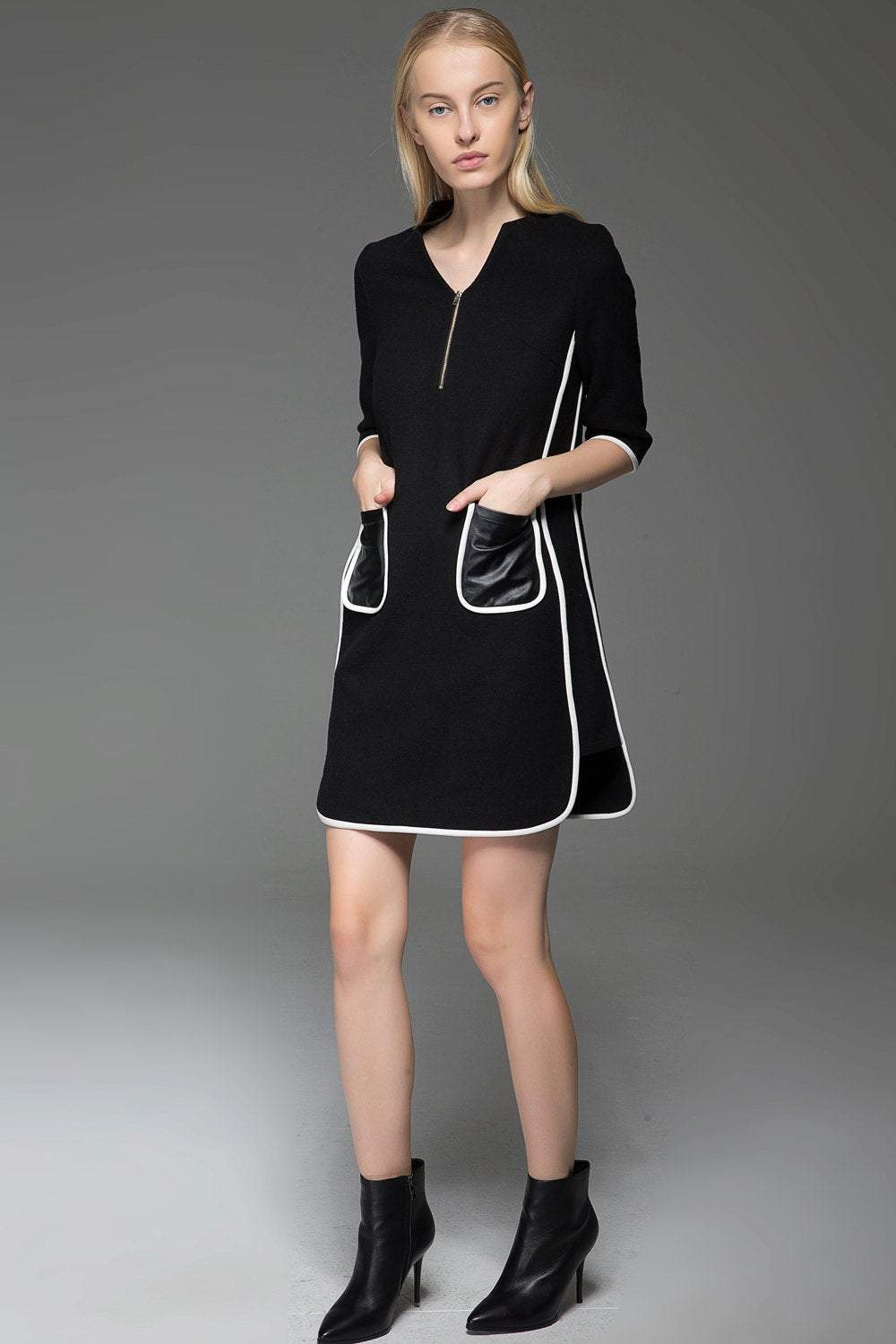 Chanel Style Dress - Black Wool Mini Dress with Cream Piping and Leather  Pockets 60s Era Vintage Style Womens Dress C778