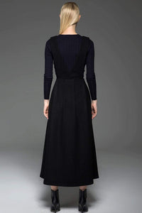 Black wool dress, Black pinafore dress, midi dress pockets, winter dress, womens long dress, zipper dress, pleated dress , custom dress C776