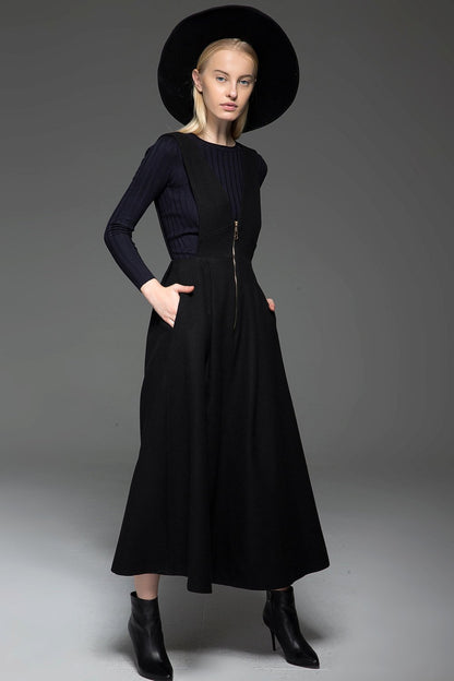 Black wool dress, Black pinafore dress, midi dress pockets, winter dress, womens long dress, zipper dress, pleated dress , custom dress C776
