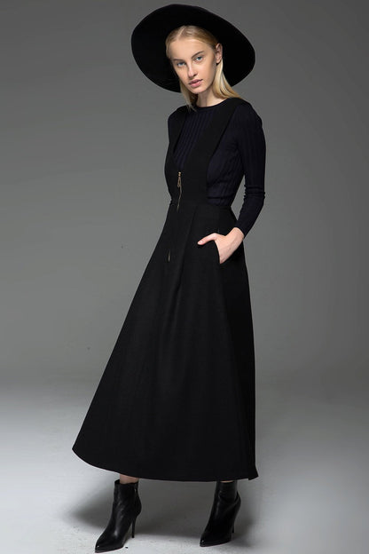 Black wool dress, Black pinafore dress, midi dress pockets, winter dress, womens long dress, zipper dress, pleated dress , custom dress C776