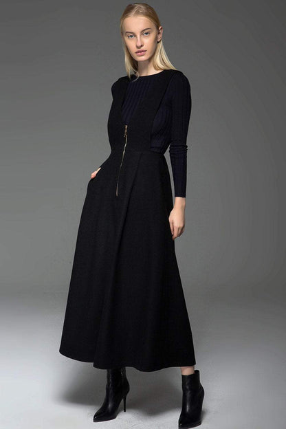 Black wool dress, Black pinafore dress, midi dress pockets, winter dress, womens long dress, zipper dress, pleated dress , custom dress C776