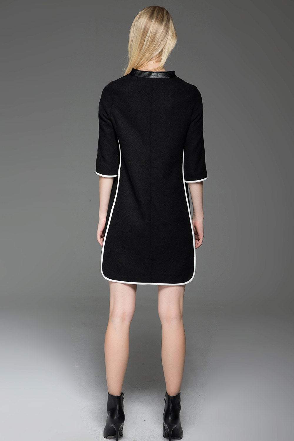 Chanel Style Dress - Black Wool Mini Dress with Cream Piping and