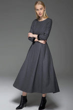 Load image into Gallery viewer, Gray Wool Dress, Classic Long Fitted Tailored Warm Winter Dress with Long Sleeves Round Neck &amp; Black Leather Cuffs C780
