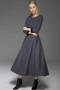 Gray Wool Dress, Classic Long Fitted Tailored Warm Winter Dress with Long Sleeves Round Neck & Black Leather Cuffs C780