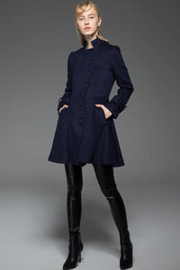 Women's Car Coat - Navy Blue Short Winter Jacket Fit & Flare Swing Coat with Self-Tie Belt and Asymmetric Button Closure C750