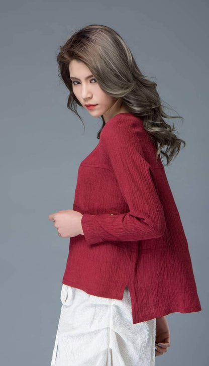 Linen top, womens tops, red linen top, buttons top, mini blouse, handmade blouse, linen blouse, loose shirts, made to order C842