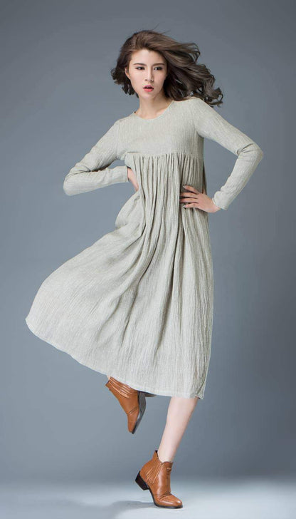 Light Gray Flared Pleated Mid-length Long Sleeved High-Waisted Loose-Fitted Handmade Plus Size Dress C809