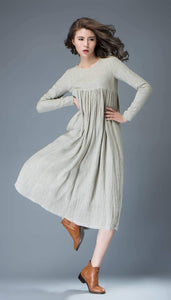 Casual Linen Dress - Light Gray Flared Pleated Mid-length Long Sleeved High-Waisted Loose-Fitted Handmade Plus Size Dress C809