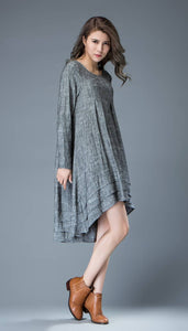Marl Gray Lagenlook Dress - Linen Loose-Fitting Long-Sleeved Round Neck Asymmetrical Dress with Tiered Pleated Hemline C810