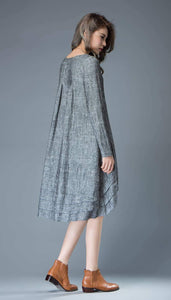 Marl Gray Lagenlook Dress - Linen Loose-Fitting Long-Sleeved Round Neck Asymmetrical Dress with Tiered Pleated Hemline C810