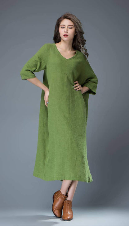 Green Linen dress, midi dress, womens dresses, plus size dress, summer dress, handmade dress, custom dress, dress with pockets C818