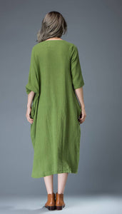 Green Linen dress, midi dress, womens dresses, plus size dress, summer dress, handmade dress, custom dress, dress with pockets C818
