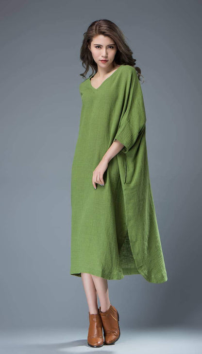 Green Linen dress, midi dress, womens dresses, plus size dress, summer dress, handmade dress, custom dress, dress with pockets C818