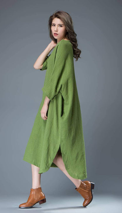 Green Linen dress, midi dress, womens dresses, plus size dress, summer dress, handmade dress, custom dress, dress with pockets C818