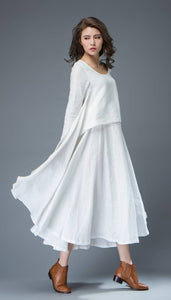 White Linen Dress - Layered Flowing Elegant Long Sleeve Long Summer Dress with Scoop Neck Handmade Clothing C819