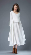 Load image into Gallery viewer, White Linen Dress - Layered Flowing Elegant Long Sleeve Long Summer Dress with Scoop Neck Handmade Clothing C819
