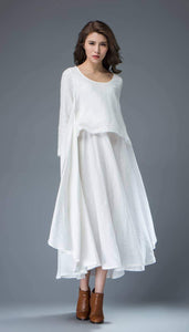 White Linen Dress - Layered Flowing Elegant Long Sleeve Long Summer Dress with Scoop Neck Handmade Clothing C819